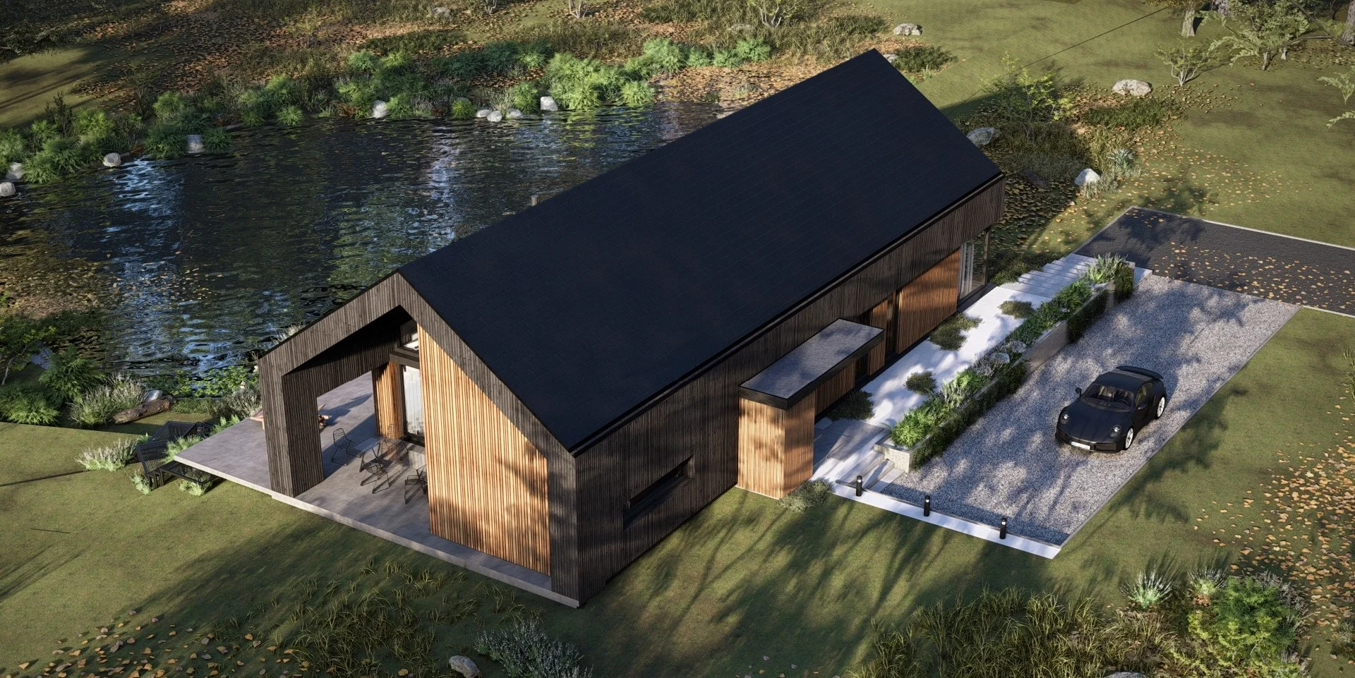 VILLA 140 skats no augšas ar dīķi un terasi